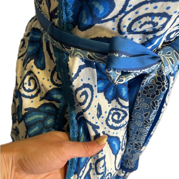 Current Air Blue and White Floral Midi Dress Crochet Accent Belted Pockets Small - Picture 10 of 14